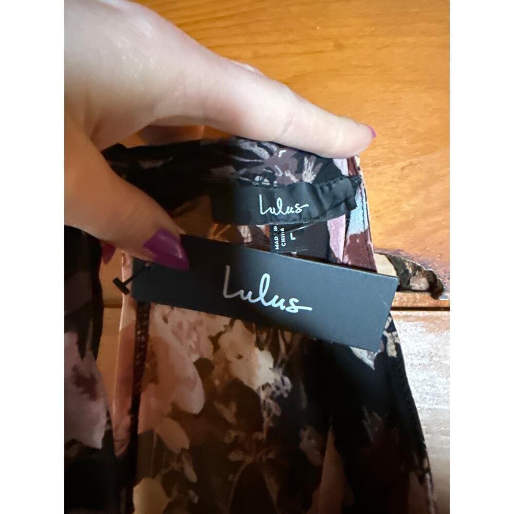 NWT Lulus In My Dreams Black and Pink Floral Print Midi Dress Tiered Cruise Sz L - Picture 7 of 8